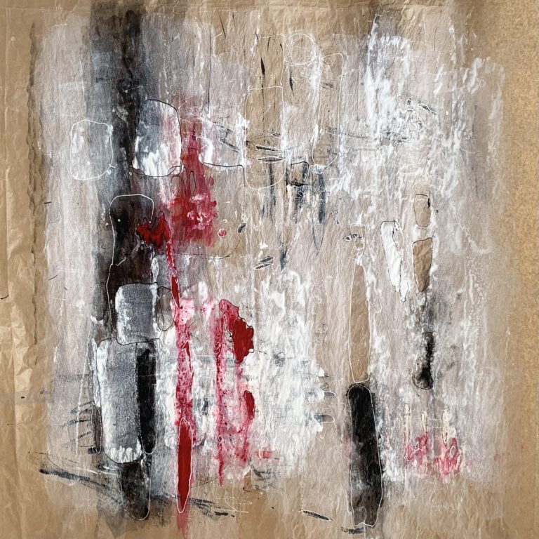 abstraktes Bild, weiße Flächen und Elemente mit schwarzen und roten auf braunem Papieruntergrund
