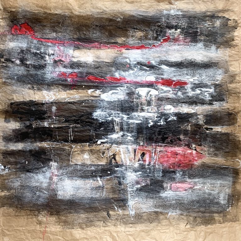 abstraktes Bild, schwarze Flächen und Elemente mit weißen und roten auf braunem Papieruntergrund